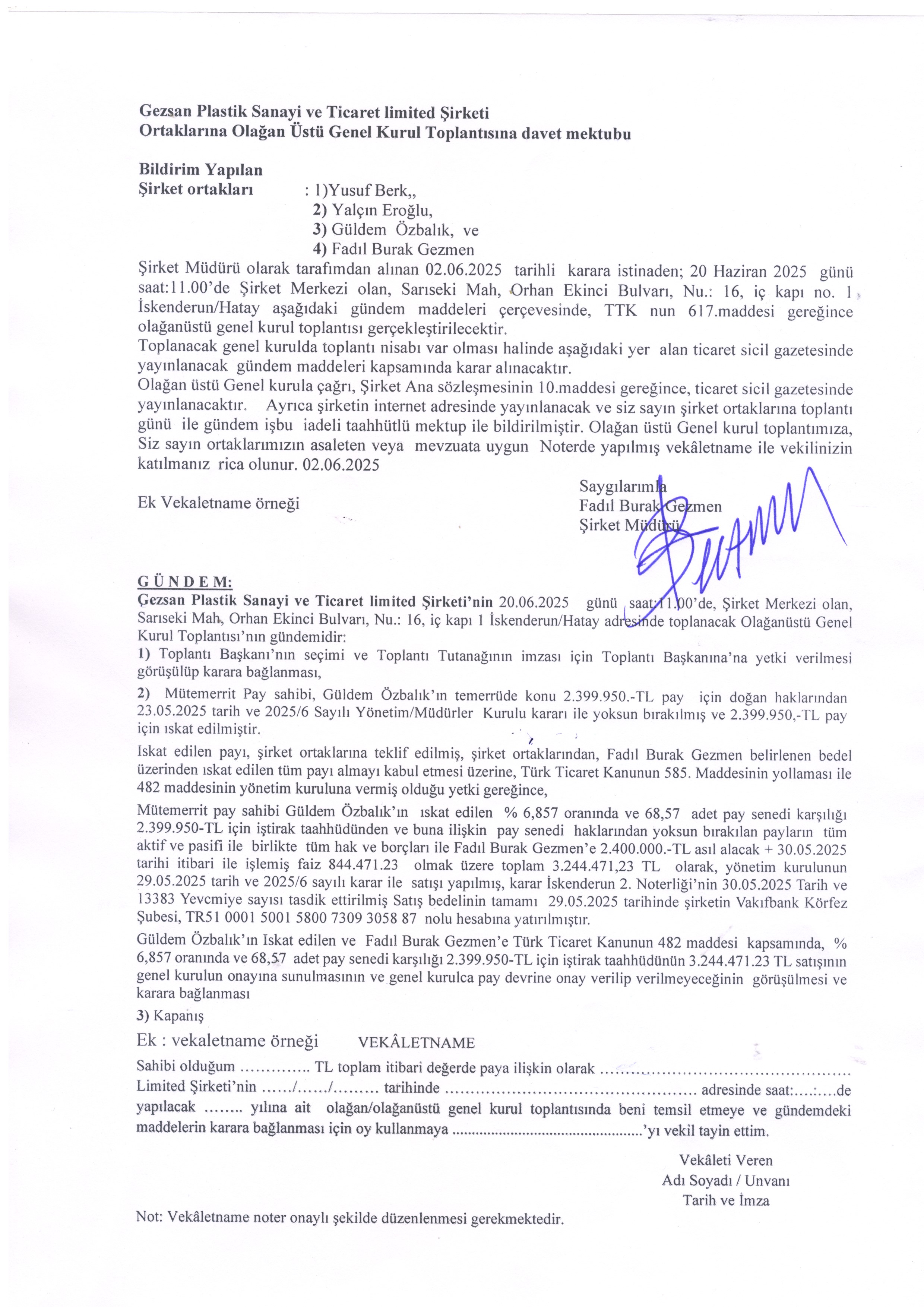 Ortaklarına Olağan Üstü Genel Kurul Toplantısına Davet Mektubu 