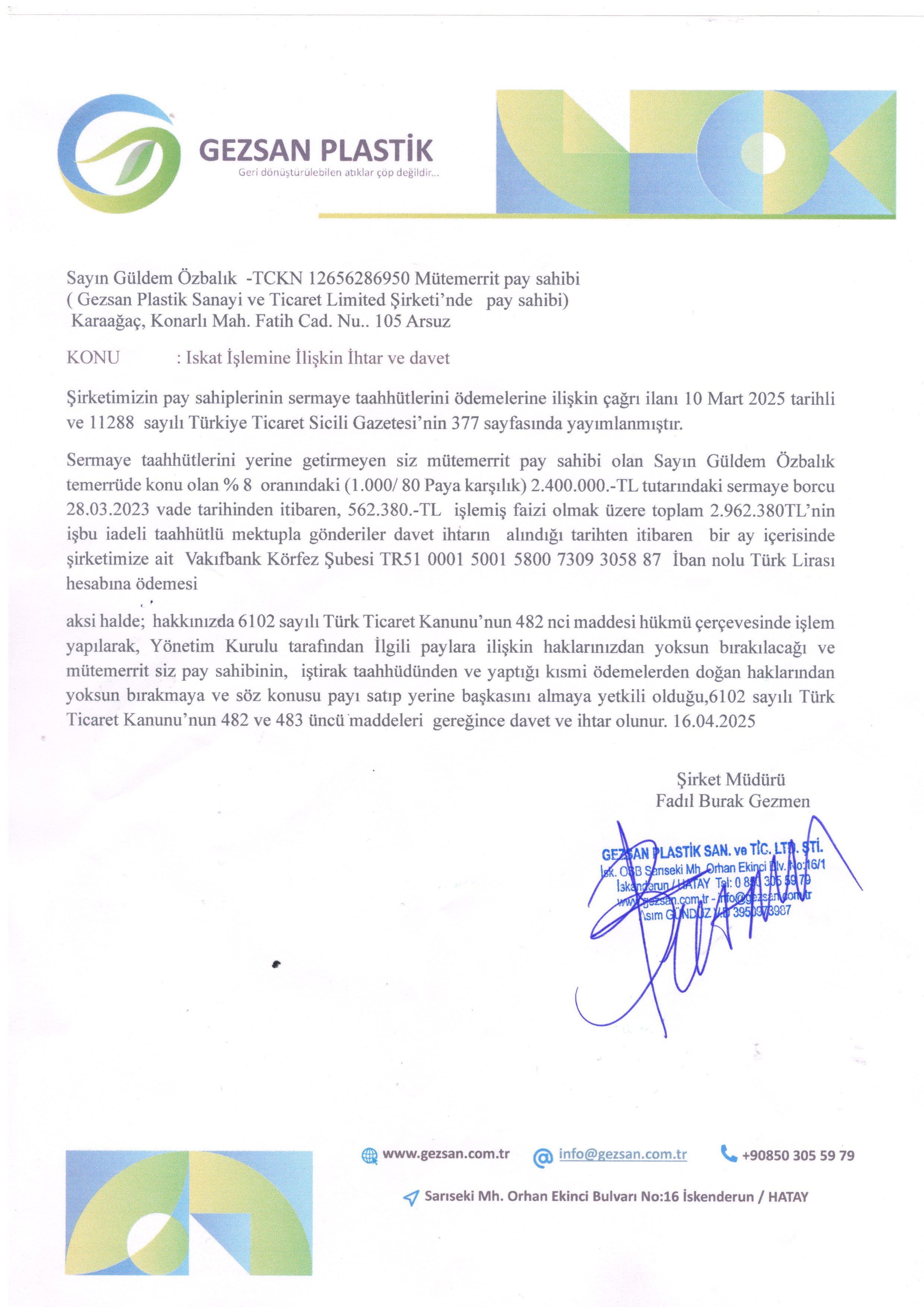 İskat İşlemine İlişkin İhtar ve Davet